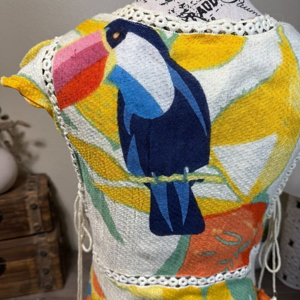 Z&L EUROPE Tassel Tie Lace Trim Tiered  Mini Dress  Toucan Print  Sz S Tropical - Picture 7 of 11